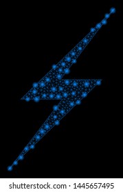 Flare mesh lightning with glare effect. Abstract illuminated model of lightning icon. Shiny wire carcass triangular mesh lightning. Vector abstraction on a black background.