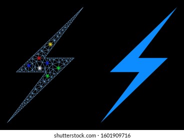 Flare mesh lightning icon with glare effect. Abstract illuminated model of lightning. Shiny wire frame polygonal network lightning icon. Vector abstraction on a black background.