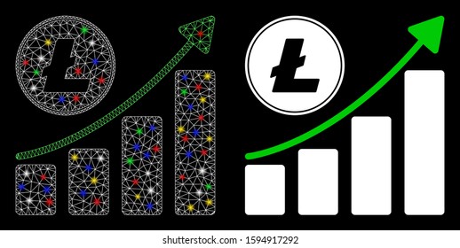 Flare mesh Litecoin growing chart trend icon with glare effect. Abstract illuminated model of Litecoin growing chart trend. Shiny wire frame triangular mesh Litecoin growing chart trend icon.