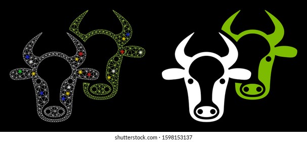 Flare mesh livestock icon with glitter effect. Abstract illuminated model of livestock. Shiny wire carcass triangular mesh livestock icon. Vector abstraction on a black background.