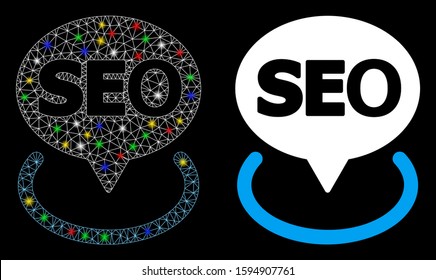 Flare mesh local seo icon with sparkle effect. Abstract illuminated model of local seo. Shiny wire carcass polygonal mesh local seo icon. Vector abstraction on a black background.