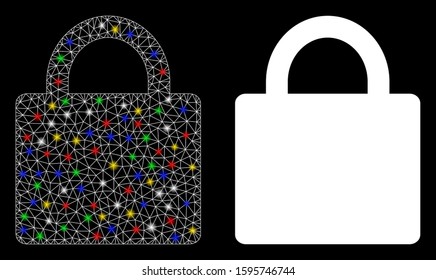 Flare mesh lock icon with glare effect. Abstract illuminated model of lock. Shiny wire carcass triangular mesh lock icon. Vector abstraction on a black background.