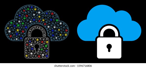 Flare mesh locked cloud icon with lightspot effect. Abstract illuminated model of locked cloud. Shiny wire carcass polygonal network locked cloud icon. Vector abstraction on a black background.
