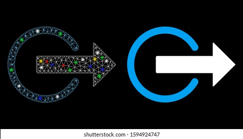 Flare mesh logout icon with sparkle effect. Abstract illuminated model of logout. Shiny wire frame triangular mesh logout icon. Vector abstraction on a black background.