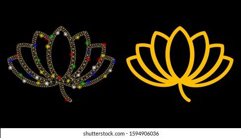 Flare mesh lotus icon with lightspot effect. Abstract illuminated model of lotus. Shiny wire carcass polygonal mesh lotus icon. Vector abstraction on a black background.