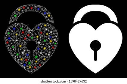 Flare mesh love heart lock icon with glow effect. Abstract illuminated model of love heart lock. Shiny wire frame polygonal mesh love heart lock icon. Vector abstraction on a black background.