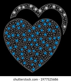 Flare mesh love hearts with glare effect. Abstract illuminated model of love hearts icon. Shiny wire carcass triangular network love hearts. Vector abstraction on a black background.
