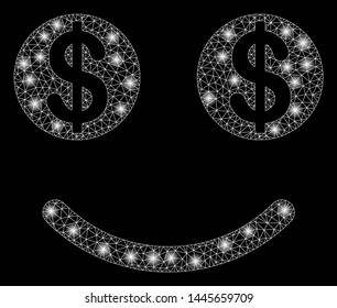 Flare mesh luck dollar smile with glitter effect. Abstract illuminated model of luck dollar smile icon. Shiny wire frame triangular mesh luck dollar smile. Vector abstraction on a black background.