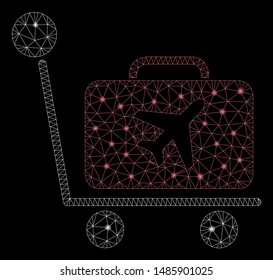 Flare mesh luggage trolley with glare effect. Abstract illuminated model of luggage trolley icon. Shiny wire frame triangular network luggage trolley. Vector abstraction on a black background.