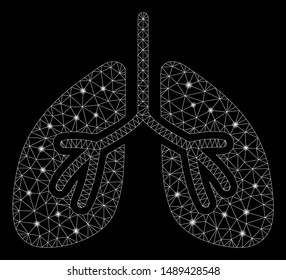 Flare mesh lungs with glare effect. Abstract illuminated model of lungs icon. Shiny wire carcass triangular mesh lungs. Vector abstraction on a black background.