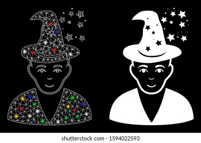 Flare mesh magic master icon with sparkle effect. Abstract illuminated model of magic master. Shiny wire carcass triangular mesh magic master icon. Vector abstraction on a black background.