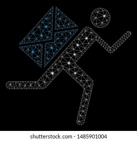 Flare mesh mail courier with lightspot effect. Abstract illuminated model of mail courier icon. Shiny wire frame polygonal mesh mail courier. Vector abstraction on a black background.