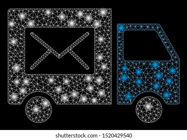Flare mesh mail delivery van with lightspot effect. Abstract illuminated model of mail delivery van icon. Shiny wire carcass polygonal network mail delivery van.