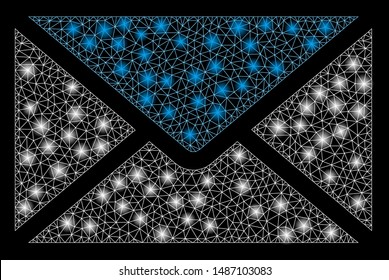 Flare mesh mail with glare effect. Abstract illuminated model of mail icon. Shiny wire carcass triangular mesh mail. Vector abstraction on a black background.
