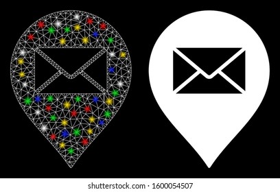 Flare mesh mail letter marker icon with glitter effect. Abstract illuminated model of mail letter marker. Shiny wire frame polygonal mesh mail letter marker icon.