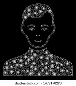 Flare mesh male with sparkle effect. Abstract illuminated model of male icon. Shiny wire frame polygonal mesh male. Vector abstraction on a black background.