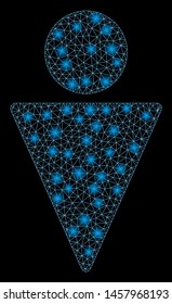 Flare mesh man with glitter effect. Abstract illuminated model of man icon. Shiny wire frame triangular mesh man. Vector abstraction on a black background.