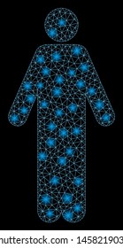 Flare mesh man with glow effect. Abstract illuminated model of man icon. Shiny wire carcass triangular mesh man. Vector abstraction on a black background.