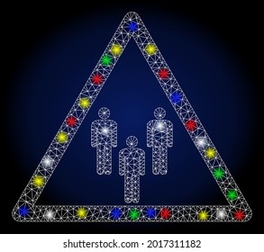 Flare mesh man group warning with glare effect. Abstract illuminated vector model of man group warning icon on a dark blue gradiented background. White wire frame triangular mesh man group warning.
