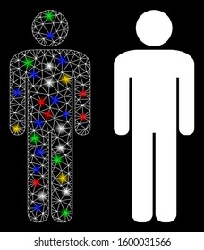 Flare mesh man icon with glare effect. Abstract illuminated model of man. Shiny wire frame triangular mesh man icon. Vector abstraction on a black background.