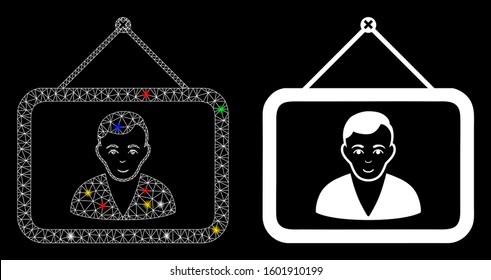 Flare mesh man portrait icon with glitter effect. Abstract illuminated model of man portrait. Shiny wire frame polygonal mesh man portrait icon. Vector abstraction on a black background.