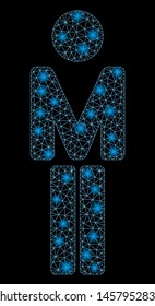 Flare mesh man with sparkle effect. Abstract illuminated model of man icon. Shiny wire carcass triangular mesh man. Vector abstraction on a black background.