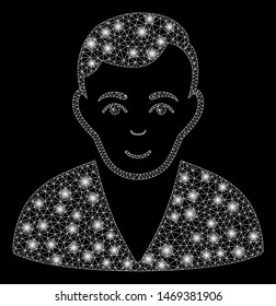Flare mesh man with sparkle effect. Abstract illuminated model of man icon. Shiny wire frame polygonal mesh man. Vector abstraction on a black background.