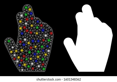 Flare mesh manage hand icon with lightspot effect. Abstract illuminated model of manage hand. Shiny wire frame polygonal mesh manage hand icon. Vector abstraction on a black background.