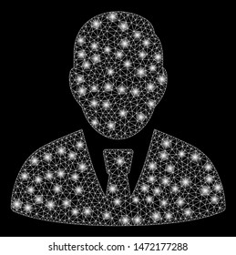 Flare mesh manager with glare effect. Abstract illuminated model of manager icon. Shiny wire frame triangular mesh manager. Vector abstraction on a black background.