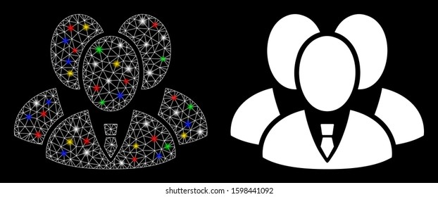Flare mesh manager group icon with glare effect. Abstract illuminated model of manager group. Shiny wire frame polygonal network manager group icon. Vector abstraction on a black background.