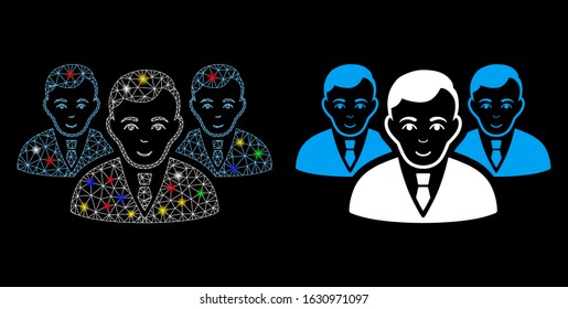 Flare mesh manager group icon with glare effect. Abstract illuminated model of manager group. Shiny wire frame polygonal network manager group icon. Vector abstraction on a black background.