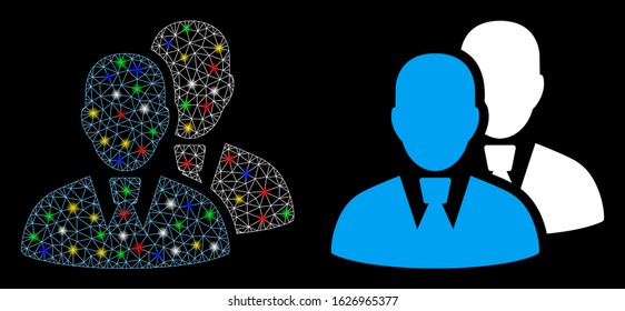 Flare mesh managers icon with glare effect. Abstract illuminated model of managers. Shiny wire frame triangular mesh managers icon. Vector abstraction on a black background.