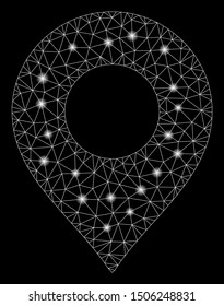 Flare mesh map marker with glare effect. Abstract illuminated model of map marker icon. Shiny wire frame triangular mesh map marker. Vector abstraction on a black background.