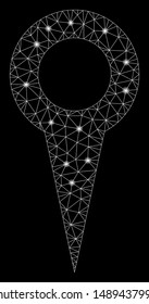 Flare mesh map marker with glow effect. Abstract illuminated model of map marker icon. Shiny wire frame triangular mesh map marker. Vector abstraction on a black background.