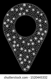 Flare mesh map marker with sparkle effect. Abstract illuminated model of map marker icon. Shiny wire frame polygonal mesh map marker. Vector abstraction on a black background.