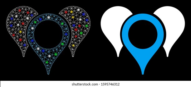 Flare mesh map markers icon with lightspot effect. Abstract illuminated model of map markers. Shiny wire carcass polygonal mesh map markers icon. Vector abstraction on a black background.