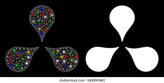 Flare mesh map markers icon with lightspot effect. Abstract illuminated model of map markers. Shiny wire carcass polygonal mesh map markers icon. Vector abstraction on a black background.
