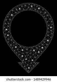 Flare mesh map pointer with glitter effect. Abstract illuminated model of map pointer icon. Shiny wire frame polygonal mesh map pointer. Vector abstraction on a black background.