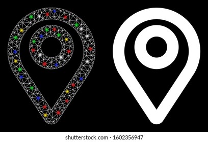 Flare mesh map pointer icon with glare effect. Abstract illuminated model of map pointer. Shiny wire frame polygonal mesh map pointer icon. Vector abstraction on a black background.