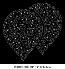 Flare mesh map pointers with glare effect. Abstract illuminated model of map pointers icon. Shiny wire carcass polygonal network map pointers. Vector abstraction on a black background.