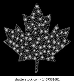 Flare mesh maple leaf with glow effect. Abstract illuminated model of maple leaf icon. Shiny wire frame triangular mesh maple leaf. Vector abstraction on a black background.