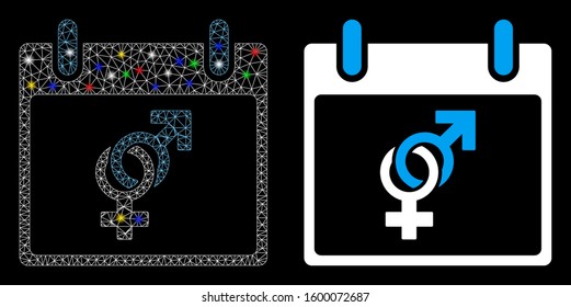 Flare mesh marriage calendar day icon with glitter effect. Abstract illuminated model of marriage calendar day. Shiny wire frame triangular network marriage calendar day icon.