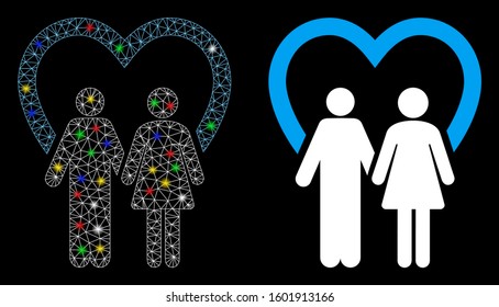 Flare mesh marriage icon with glitter effect. Abstract illuminated model of marriage. Shiny wire carcass triangular mesh marriage icon. Vector abstraction on a black background.