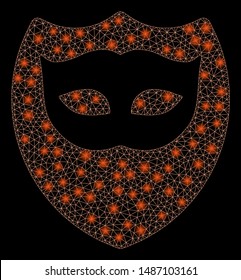 Flare mesh mask shield with sparkle effect. Abstract illuminated model of mask shield icon. Shiny wire frame triangular network mask shield. Vector abstraction on a black background.