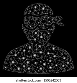 Flare mesh masked thief with glare effect. Abstract illuminated model of masked thief icon. Shiny wire frame polygonal mesh masked thief. Vector abstraction on a black background.