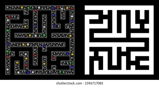 Flare mesh maze icon with glare effect. Abstract illuminated model of maze. Shiny wire carcass triangular network maze icon. Vector abstraction on a black background.