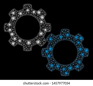 Flare mesh mechanical gears with sparkle effect. Abstract illuminated model of mechanical gears icon. Shiny wire carcass triangular mesh mechanical gears. Vector abstraction on a black background.
