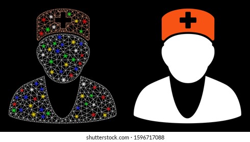Flare mesh medic icon with glare effect. Abstract illuminated model of medic. Shiny wire frame triangular mesh medic icon. Vector abstraction on a black background.