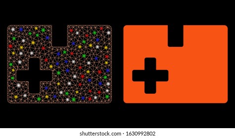 Flare mesh medical box icon with glare effect. Abstract illuminated model of medical box. Shiny wire carcass polygonal mesh medical box icon. Vector abstraction on a black background.