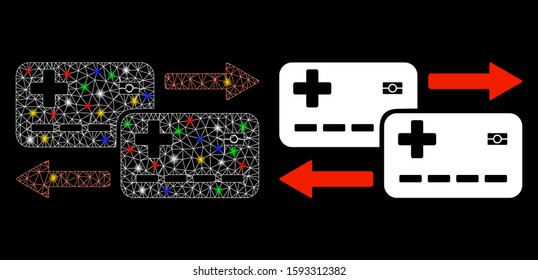 Flare mesh medical cards exchange icon with glow effect. Abstract illuminated model of medical cards exchange. Shiny wire carcass polygonal mesh medical cards exchange icon.